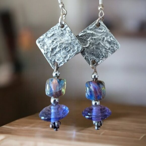 BOHO Blue Purple Crystal and Silver-Plated Hammered Earrings Hand Crafted - Picture 2 of 2